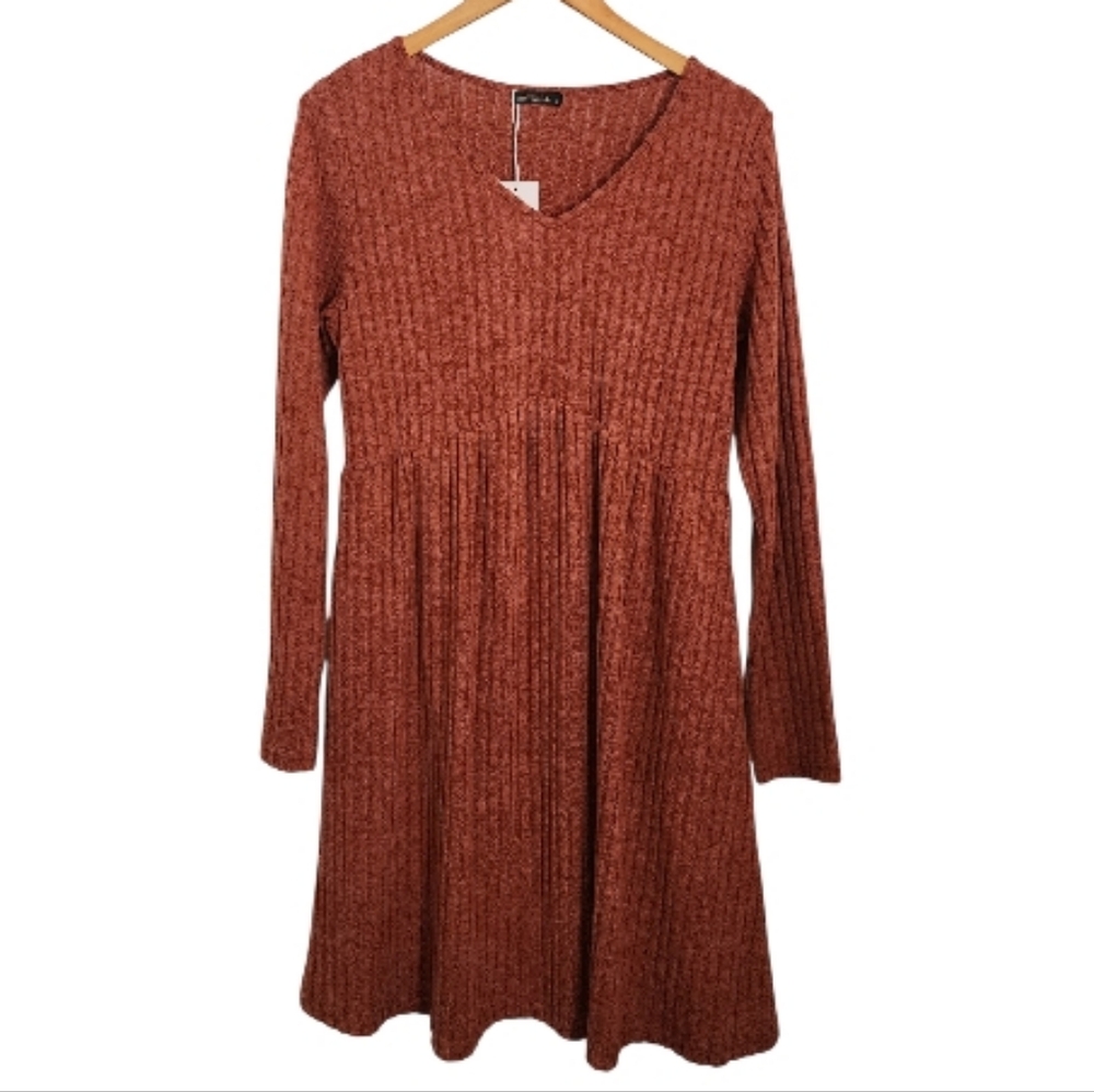 Women’s Long Sleeve V-Neck Knit Dress - Rust
